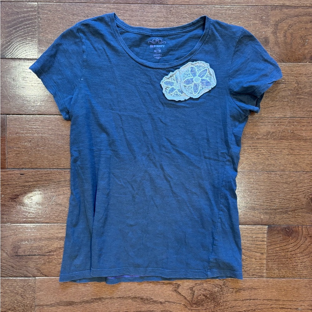 Gray T-Shirt with Lace and Beaded Detail
